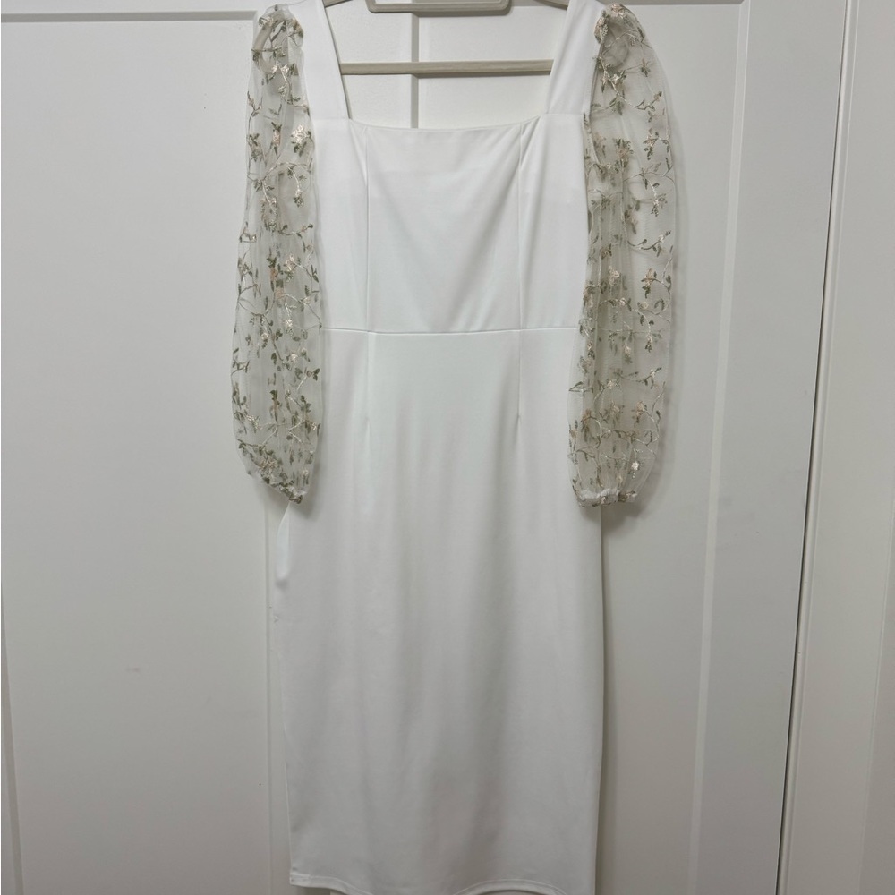 Elegant White Dress with Sheer Embellished Sleeves
